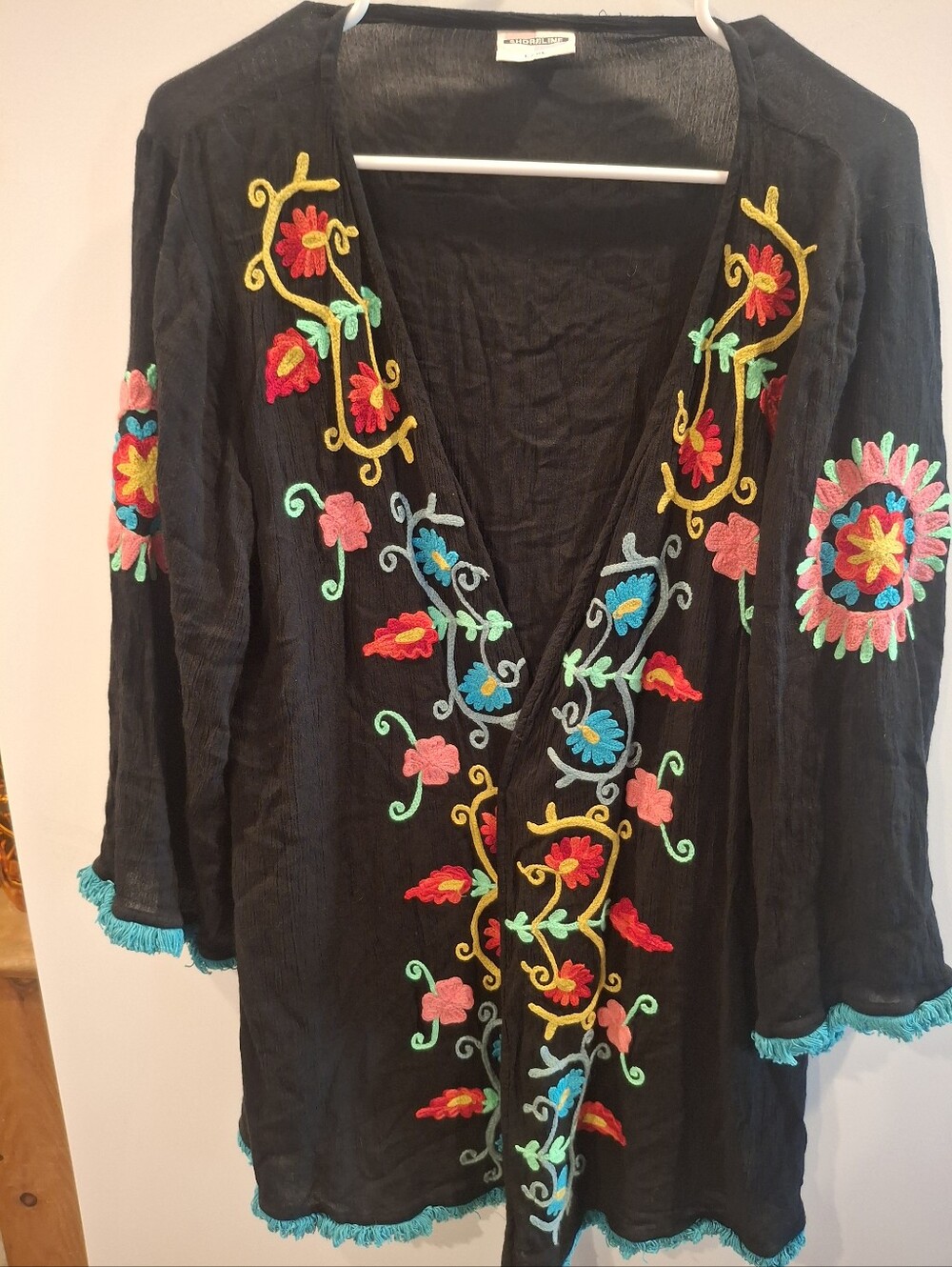 Shoreline Black Embroidered Floral Open Tunic with Turquoise Trim